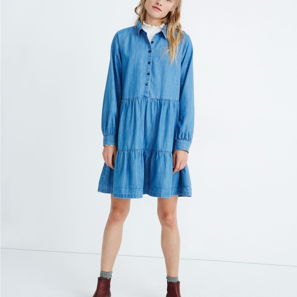 Madewell Blue Denim Tiered Button-Up Dress